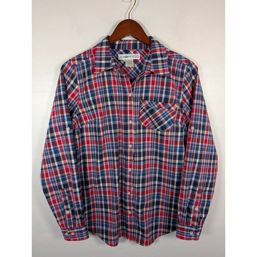 Exofficio Shirt Women's Small Red Blue Plaid Hiking Camping Button Blouse